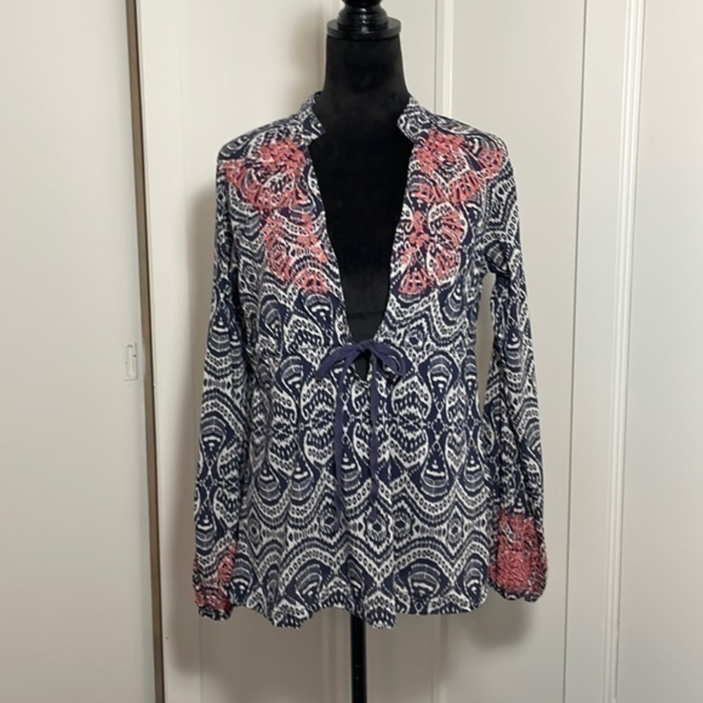 Athleta batik print embroidered tie waist top size S